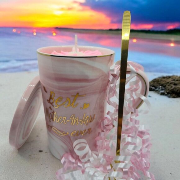 NEW Handmade "Best Mother-In-Law Ever" Ceramic Mug Candle Gift Set w Lid & Spoon - Picture 1 of 16